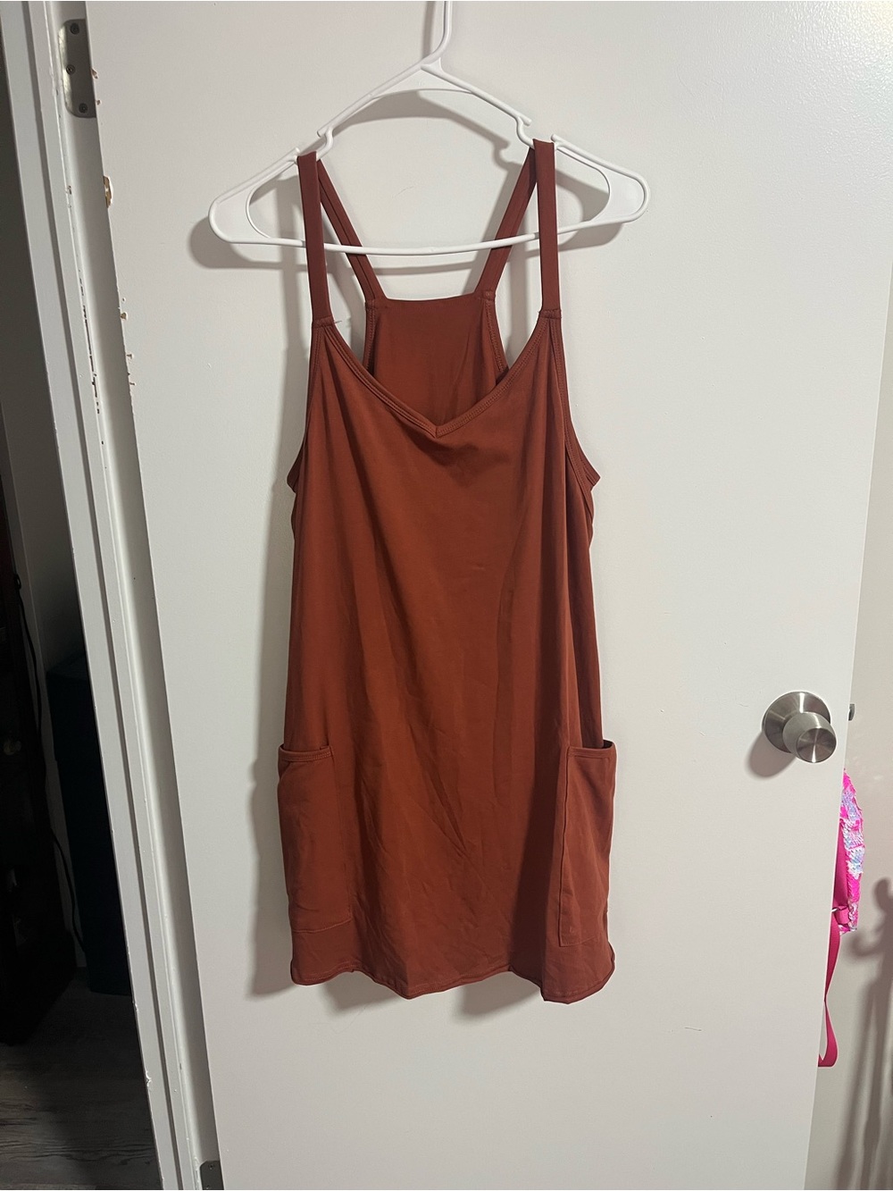 Amazon Women's Mini Dress With Built In Shorts and Pockets in Rust Brown